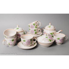 Porcelāna tējas servīze 6 personām, tases, cukurtrauks, tējkanna, ievarijuma trauks, Poloņas mākslas keramikas fabrika